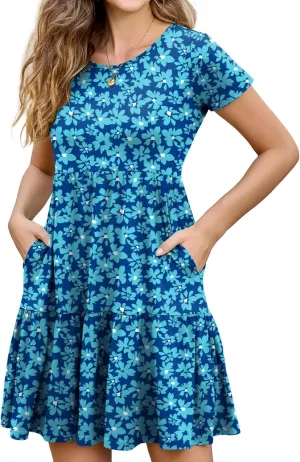 2025 Spring Summer Short Sleeve T-Shirt Dress  Ruffle Tiered Swing Sundress with Pockets for Beach & Daily Wear
