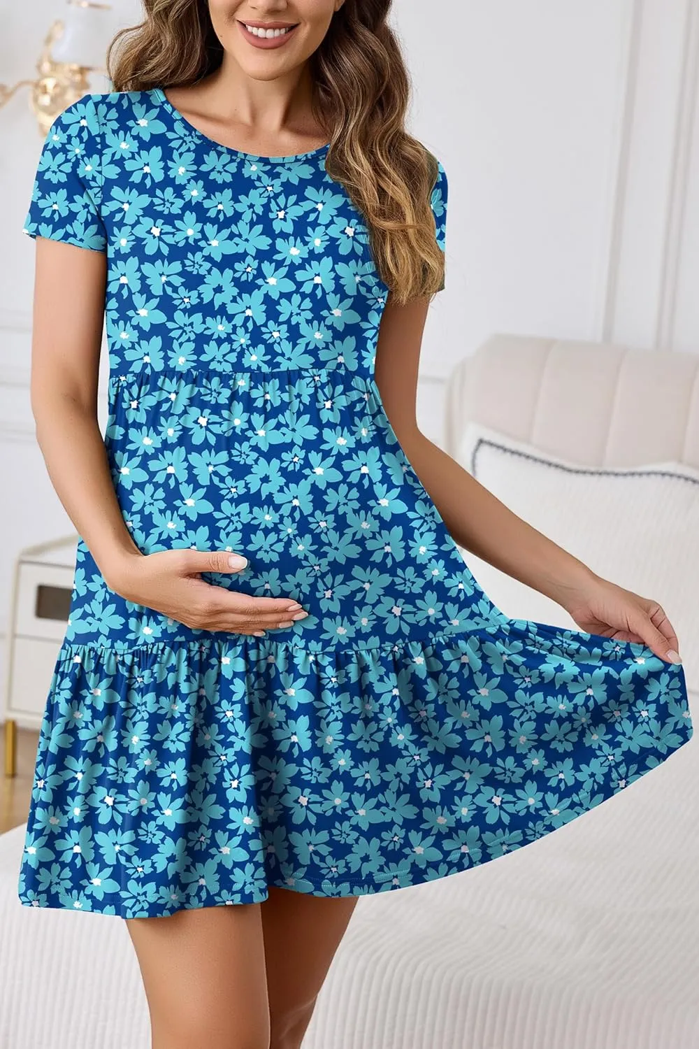 2025 Spring Summer Short Sleeve T-Shirt Dress  Ruffle Tiered Swing Sundress with Pockets for Beach & Daily Wear