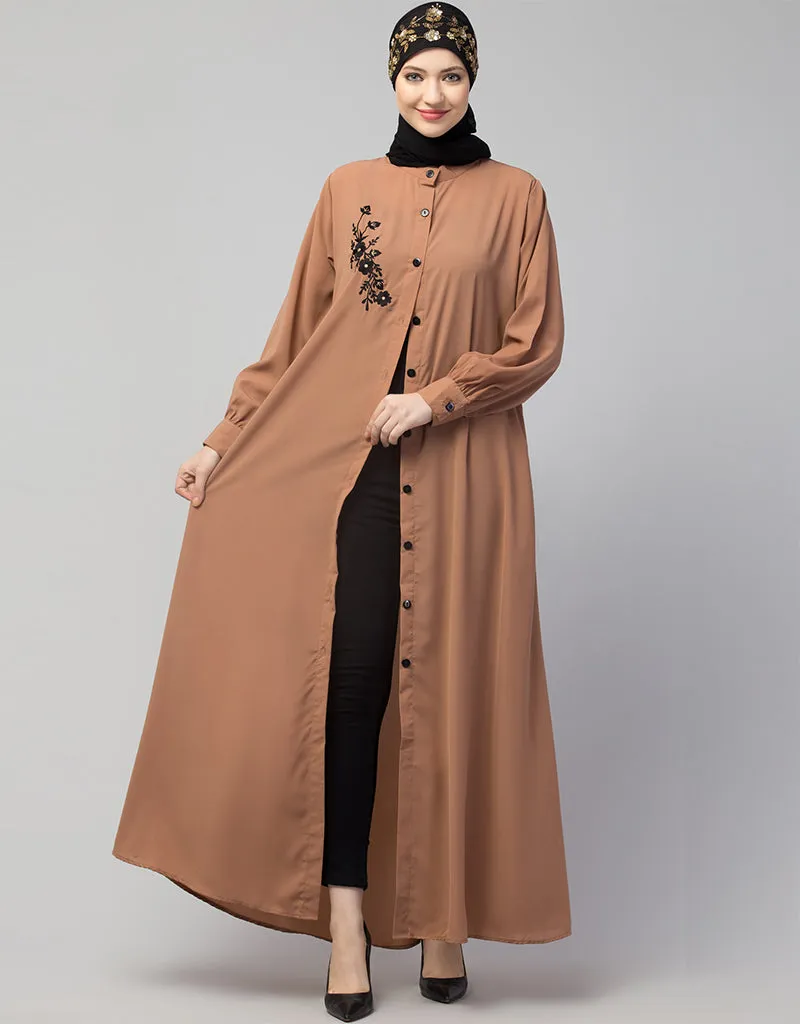 Arabic  Front Open with Black Embroidery Casual Abaya In The Color  Skin