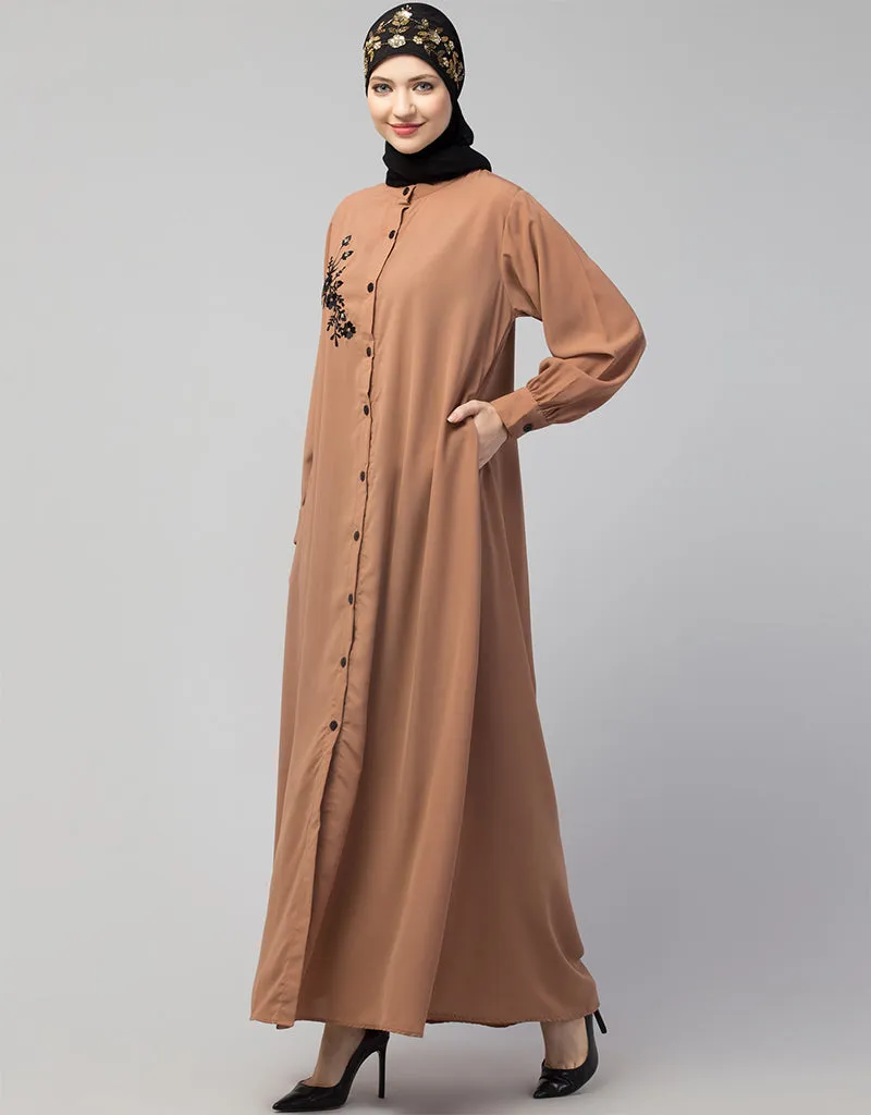 Arabic  Front Open with Black Embroidery Casual Abaya In The Color  Skin
