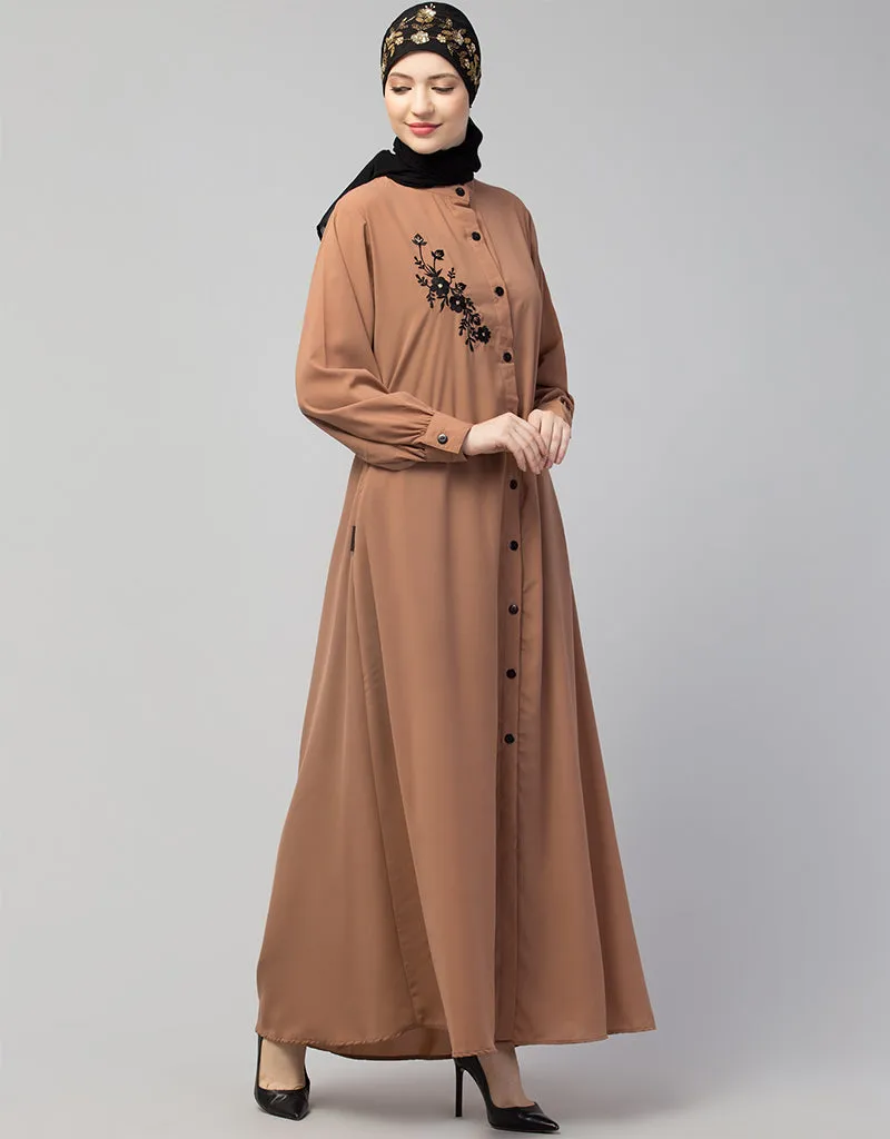 Arabic  Front Open with Black Embroidery Casual Abaya In The Color  Skin