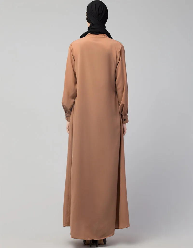 Arabic  Front Open with Black Embroidery Casual Abaya In The Color  Skin