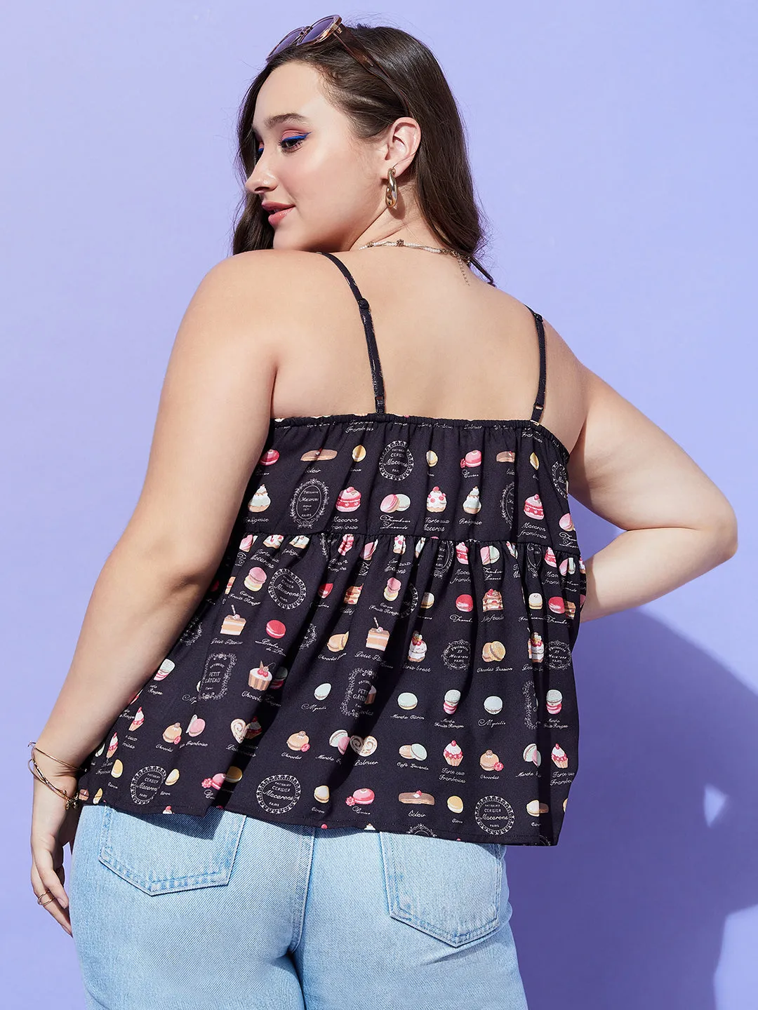 Berrylush Women Plus Size Black Muffin Printed V-Neck Sleeveless Crepe Pleated Empire Top