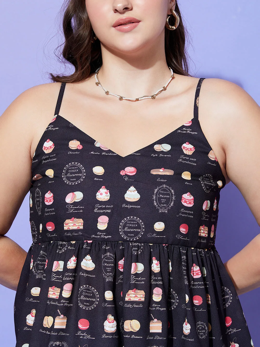 Berrylush Women Plus Size Black Muffin Printed V-Neck Sleeveless Crepe Pleated Empire Top