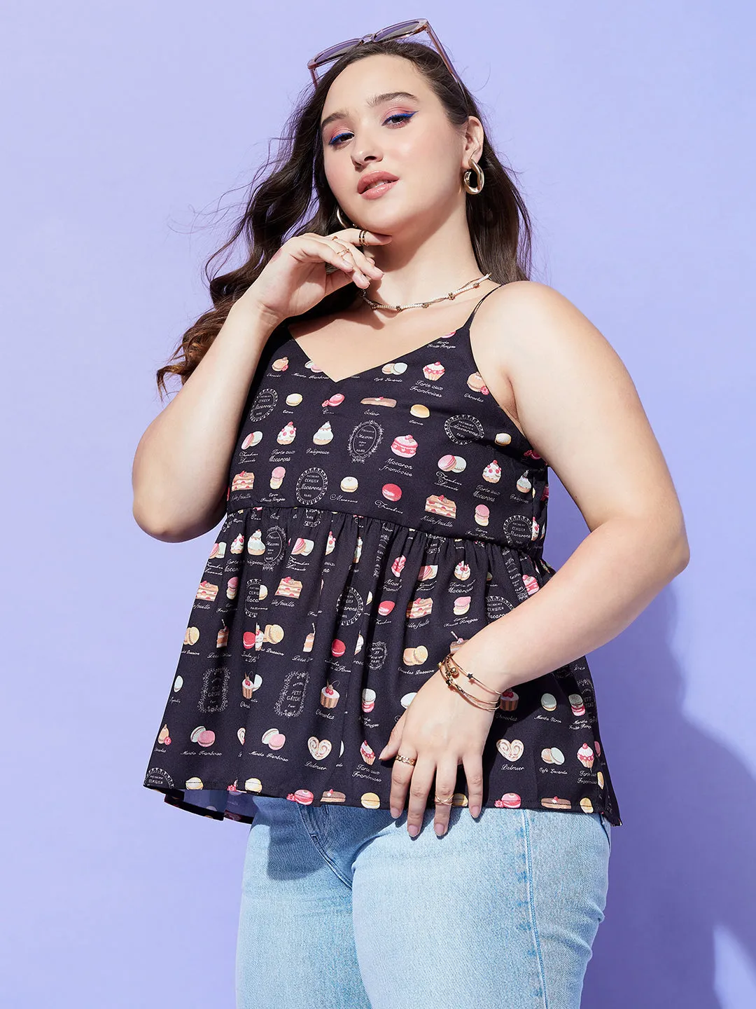 Berrylush Women Plus Size Black Muffin Printed V-Neck Sleeveless Crepe Pleated Empire Top