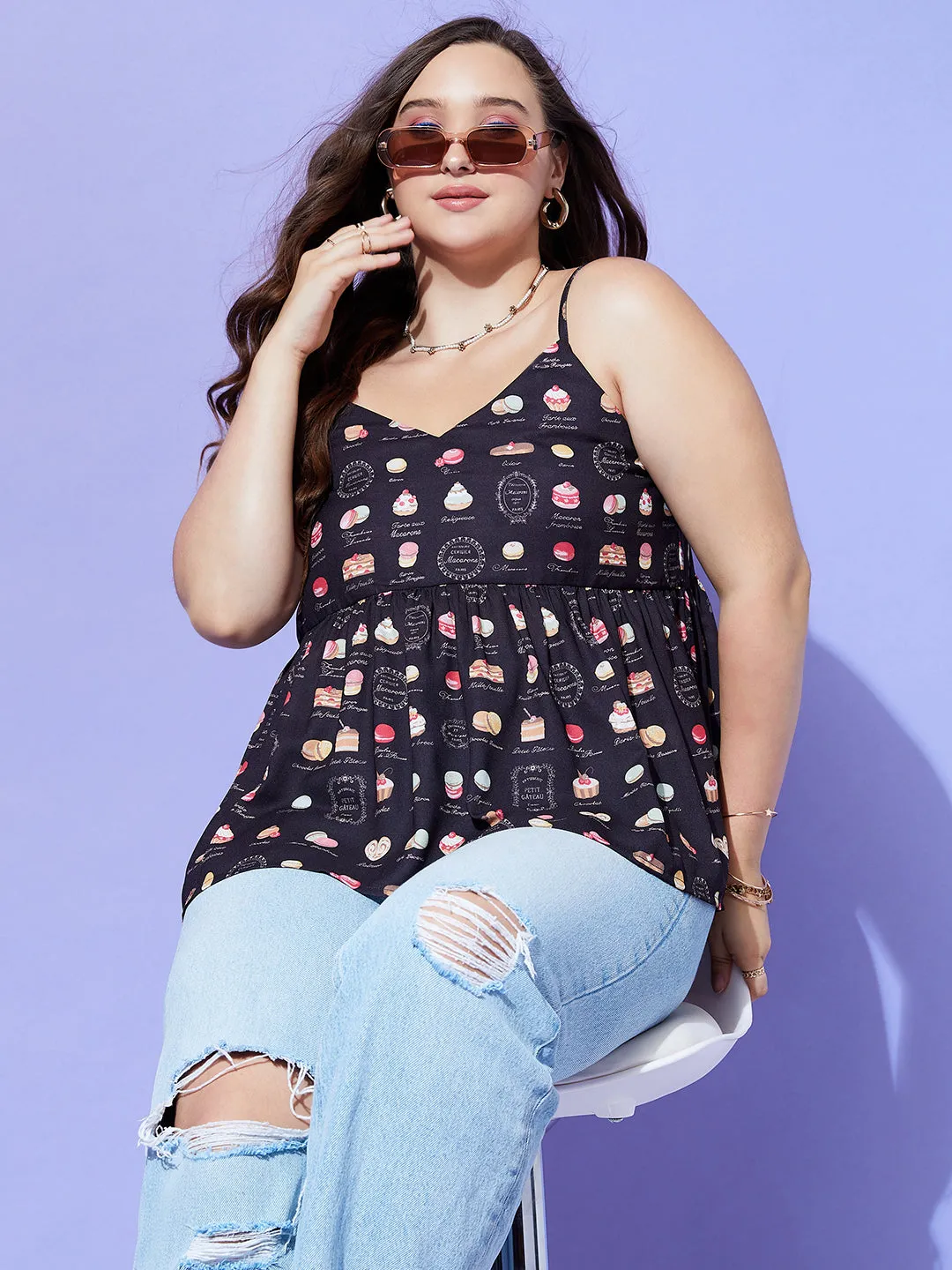 Berrylush Women Plus Size Black Muffin Printed V-Neck Sleeveless Crepe Pleated Empire Top