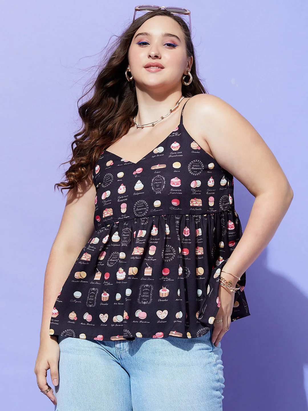 Berrylush Women Plus Size Black Muffin Printed V-Neck Sleeveless Crepe Pleated Empire Top