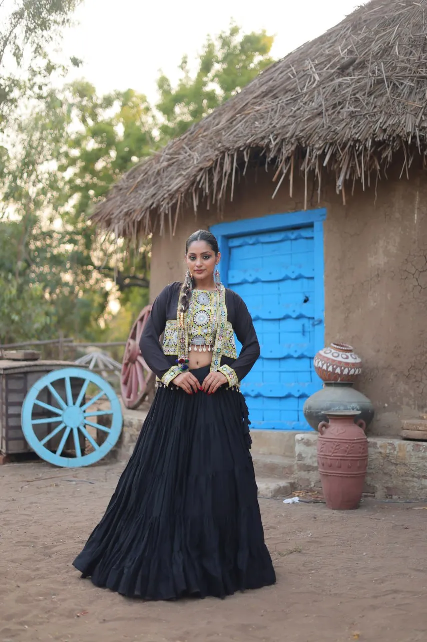 Black Traditional Reyon Lehenga Set with Embroidered Blouse and Koti
