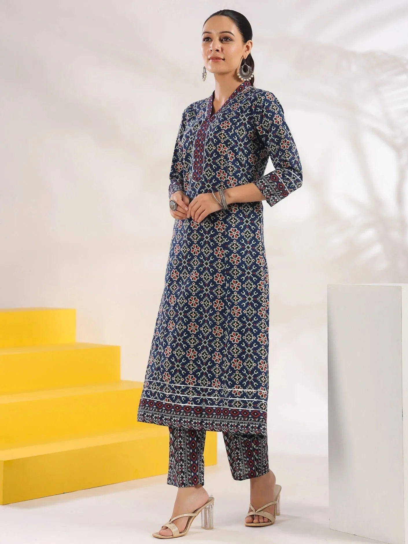 Blue Cotton Geometric Print A Line Kurta Trouser Set