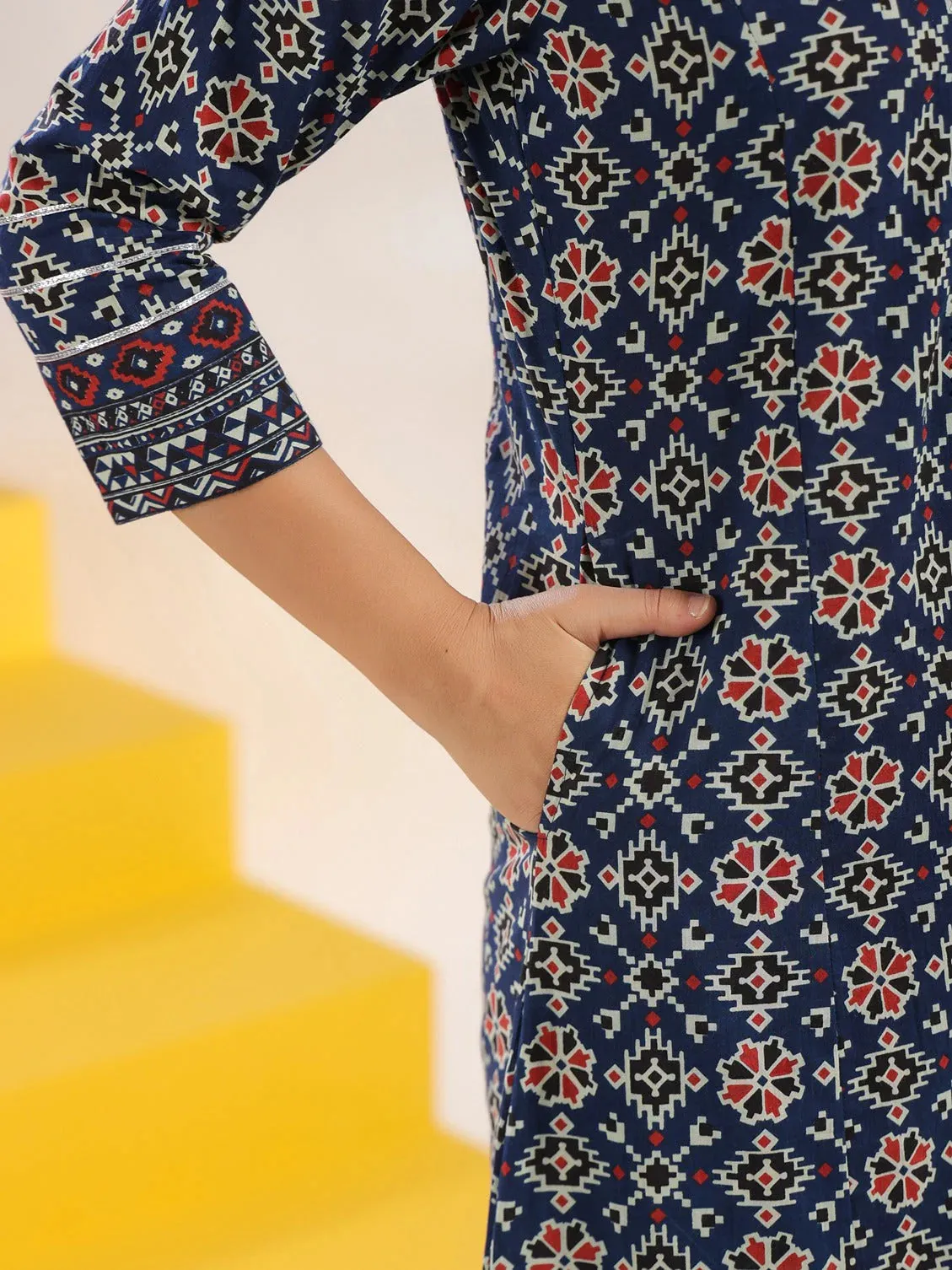 Blue Cotton Geometric Print A Line Kurta Trouser Set