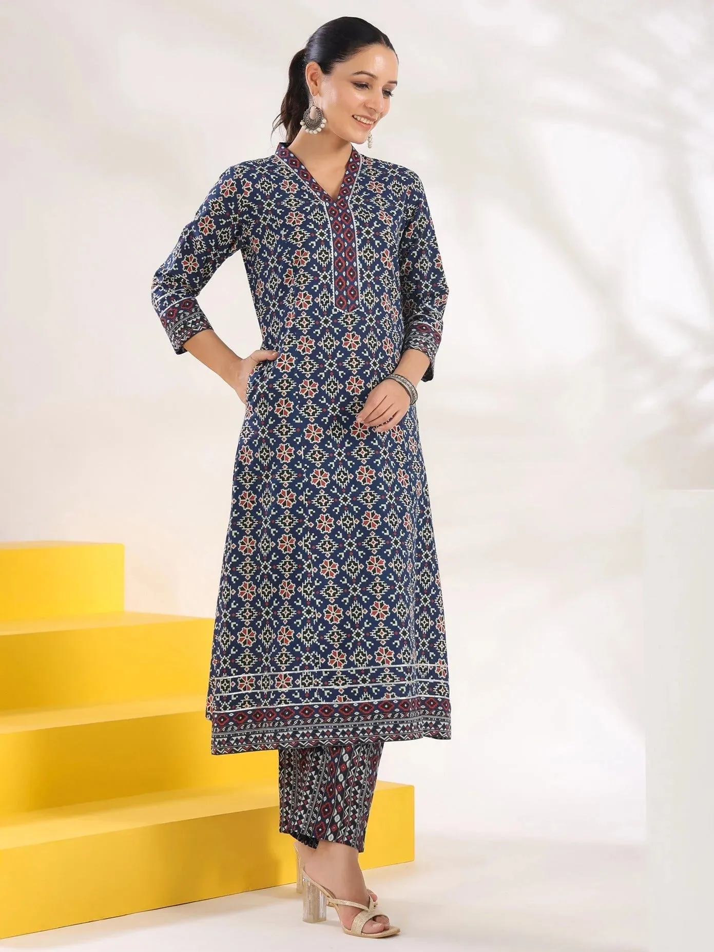 Blue Cotton Geometric Print A Line Kurta Trouser Set