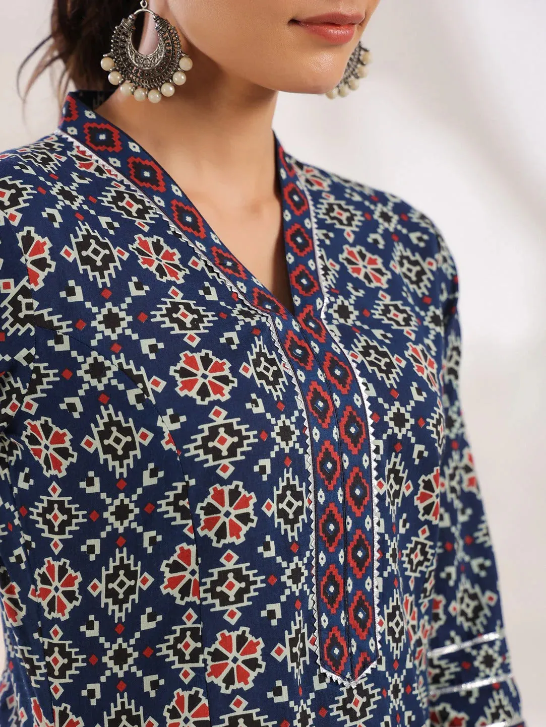 Blue Cotton Geometric Print A Line Kurta Trouser Set