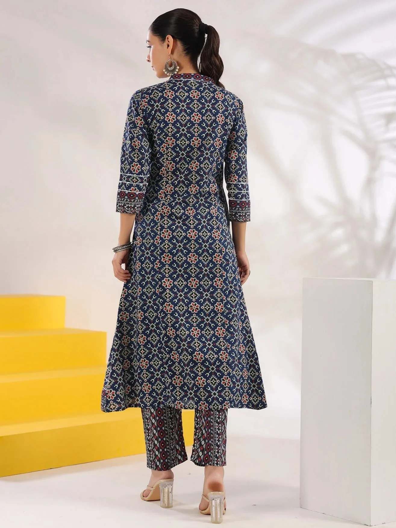 Blue Cotton Geometric Print A Line Kurta Trouser Set