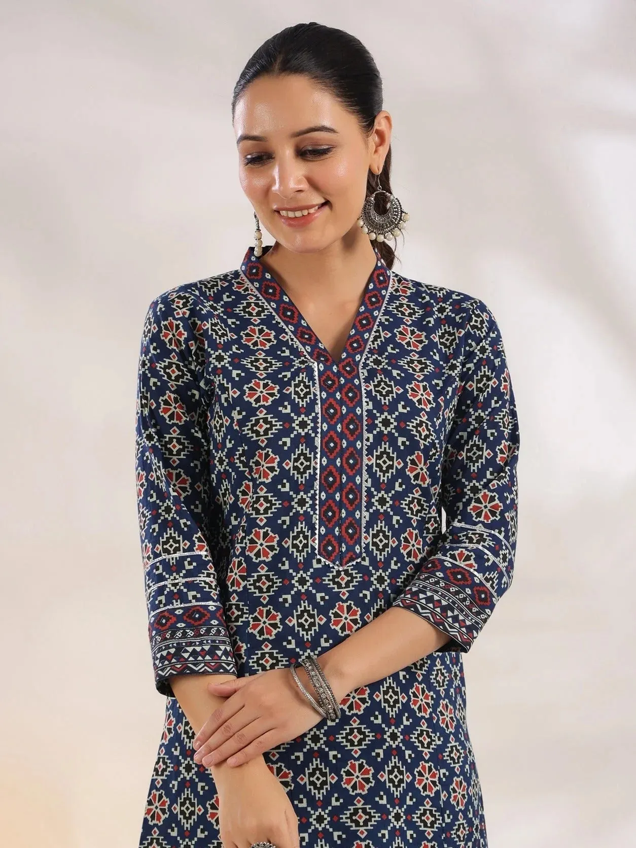 Blue Cotton Geometric Print A Line Kurta Trouser Set