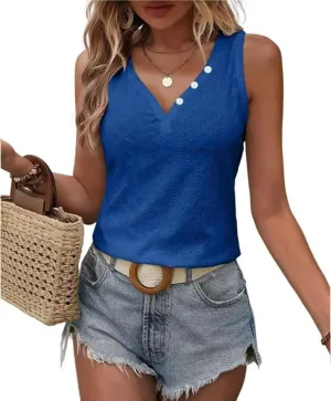 Button Embroidered Eyelet Tank Top Women Summer Tops Casual Country V Neck Tee Shirts Sleeveless Fashion Loose Blouse