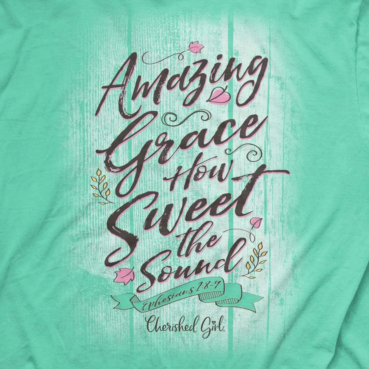 Cherished Girl Kerusso Amazing Grace How Swee The Sound Flower Cool Mint Green Cotton Crew Neck T-Shirt, Small