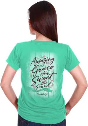 Cherished Girl Kerusso Amazing Grace How Swee The Sound Flower Cool Mint Green Cotton Crew Neck T-Shirt, Small