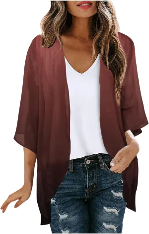 Chiffon Kimonos for Women Boho Beach Cover Ups Plus Size Gardient Color Lightweight Cardigan Tops Summer Resort Wear