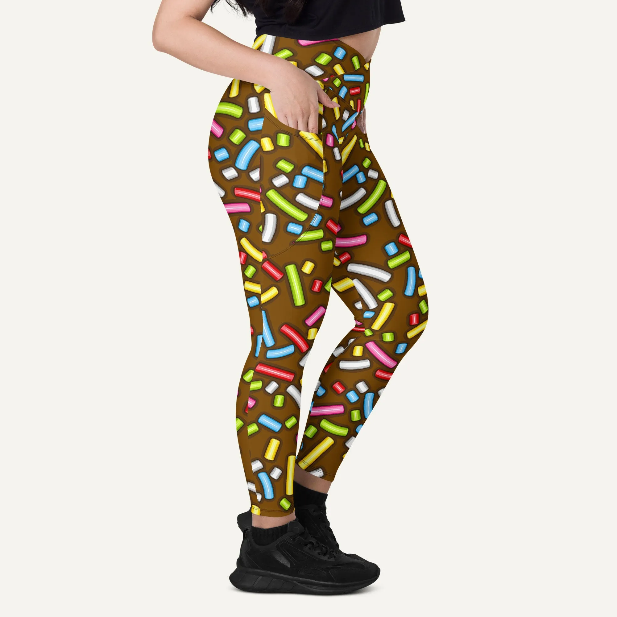 Chocolate Donut Sprinkles Crossover Leggings With Pockets