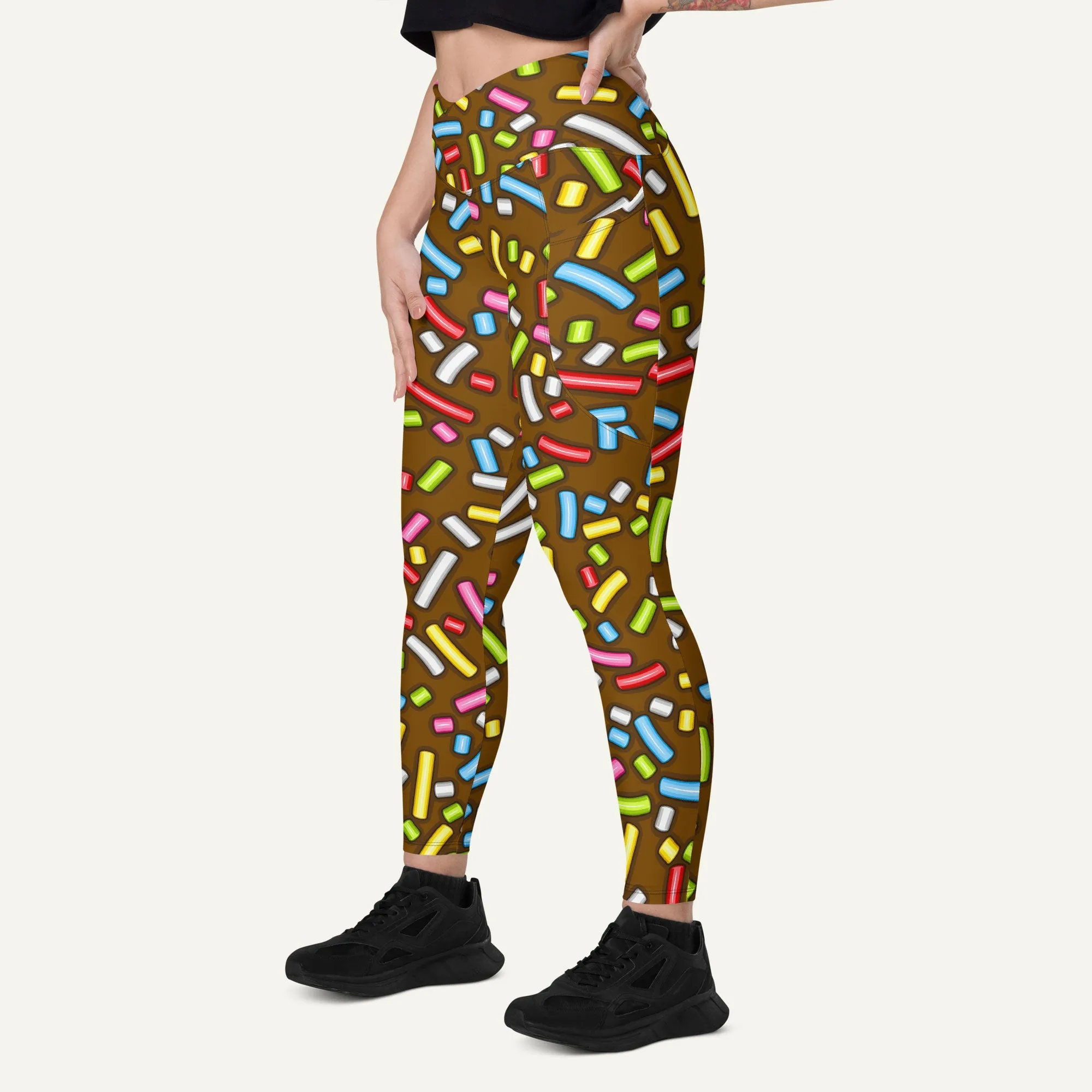 Chocolate Donut Sprinkles Crossover Leggings With Pockets