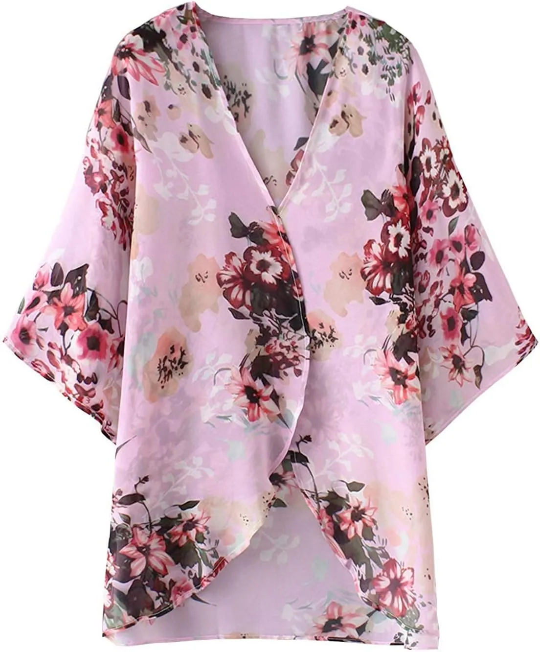 Chunoy Women Floral Print Lightweight Chiffon Kimono Cardigan Short Sleeve Loose Beach Wear Cover Up Blouse Top