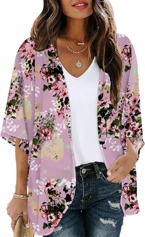 Chunoy Women Floral Print Lightweight Chiffon Kimono Cardigan Short Sleeve Loose Beach Wear Cover Up Blouse Top