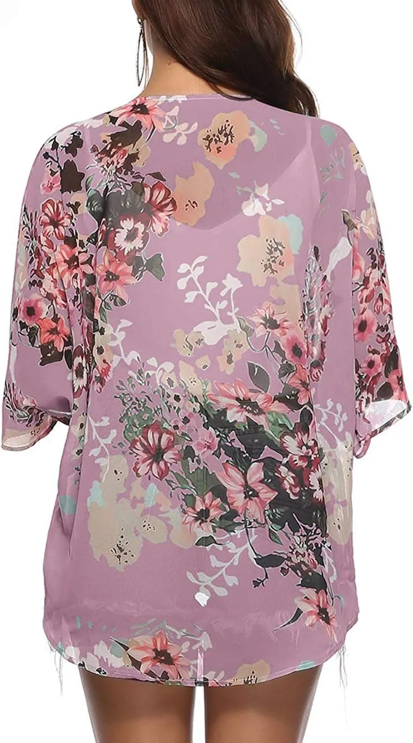 Chunoy Women Floral Print Lightweight Chiffon Kimono Cardigan Short Sleeve Loose Beach Wear Cover Up Blouse Top