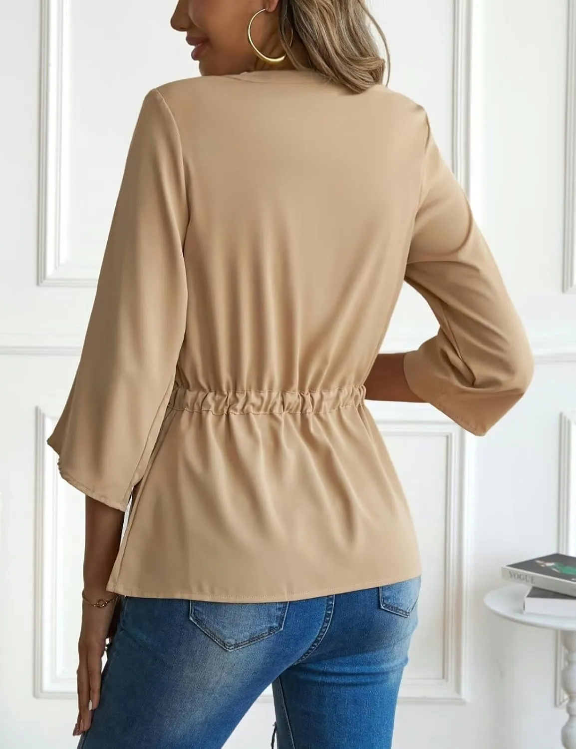 CiCiBird Womens Dressy 3/4 Sleeve Shirt Casual Zip Blouse Work Business Peplum Tops