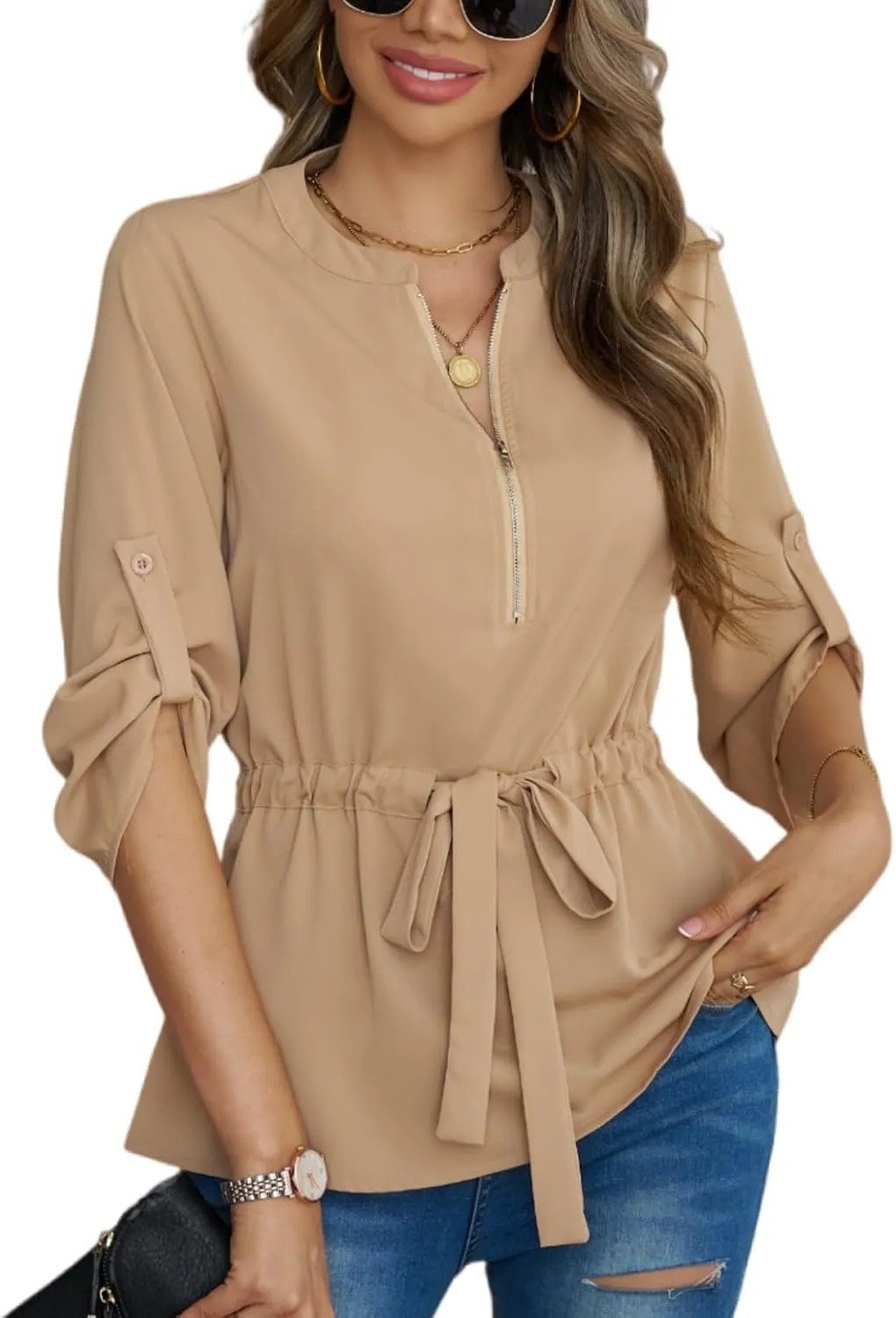 CiCiBird Womens Dressy 3/4 Sleeve Shirt Casual Zip Blouse Work Business Peplum Tops