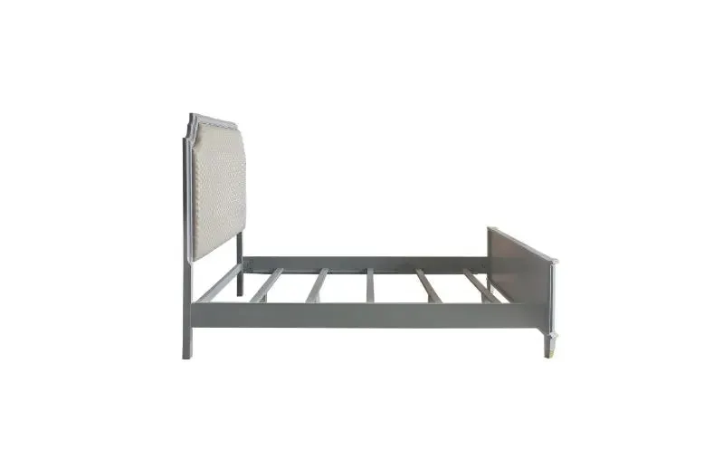 Florence Queen Bed, Two Tone Beige Fabric & Pearl Gray Finish