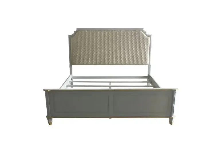 Florence Queen Bed, Two Tone Beige Fabric & Pearl Gray Finish