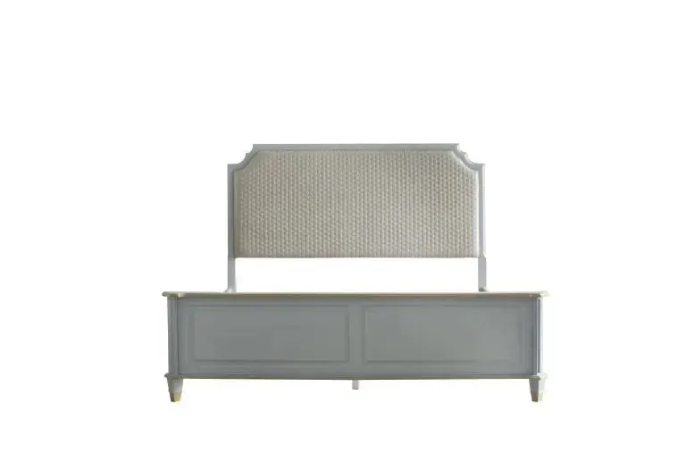 Florence Queen Bed, Two Tone Beige Fabric & Pearl Gray Finish