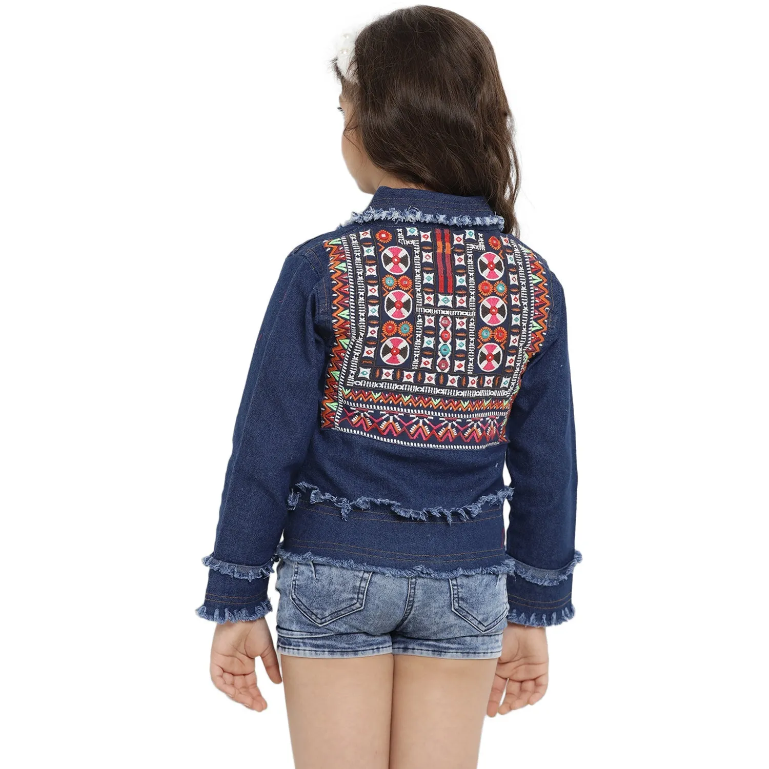 Girls Blue Embroidered Lightweight Denim Jacket - Bitiya By Bhama