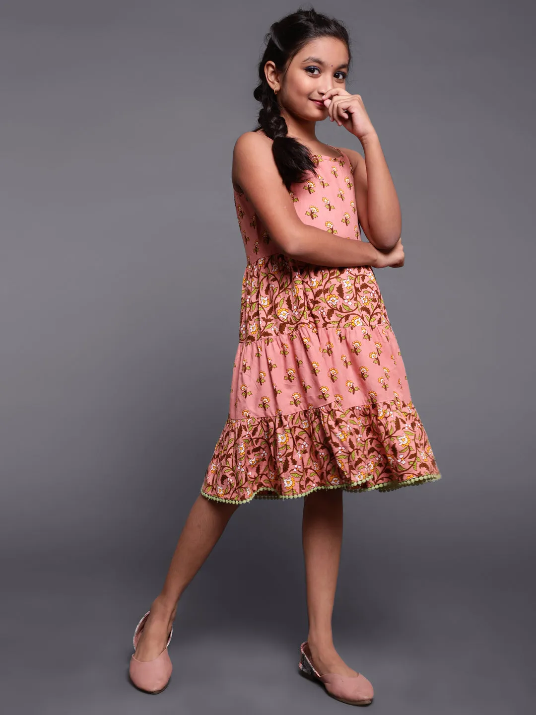 Girl's Brown Floral Printed Tirered Dress - Aks Girls