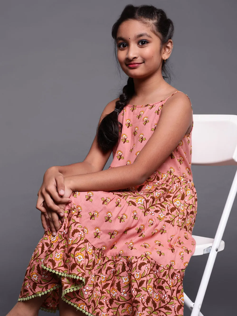 Girl's Brown Floral Printed Tirered Dress - Aks Girls