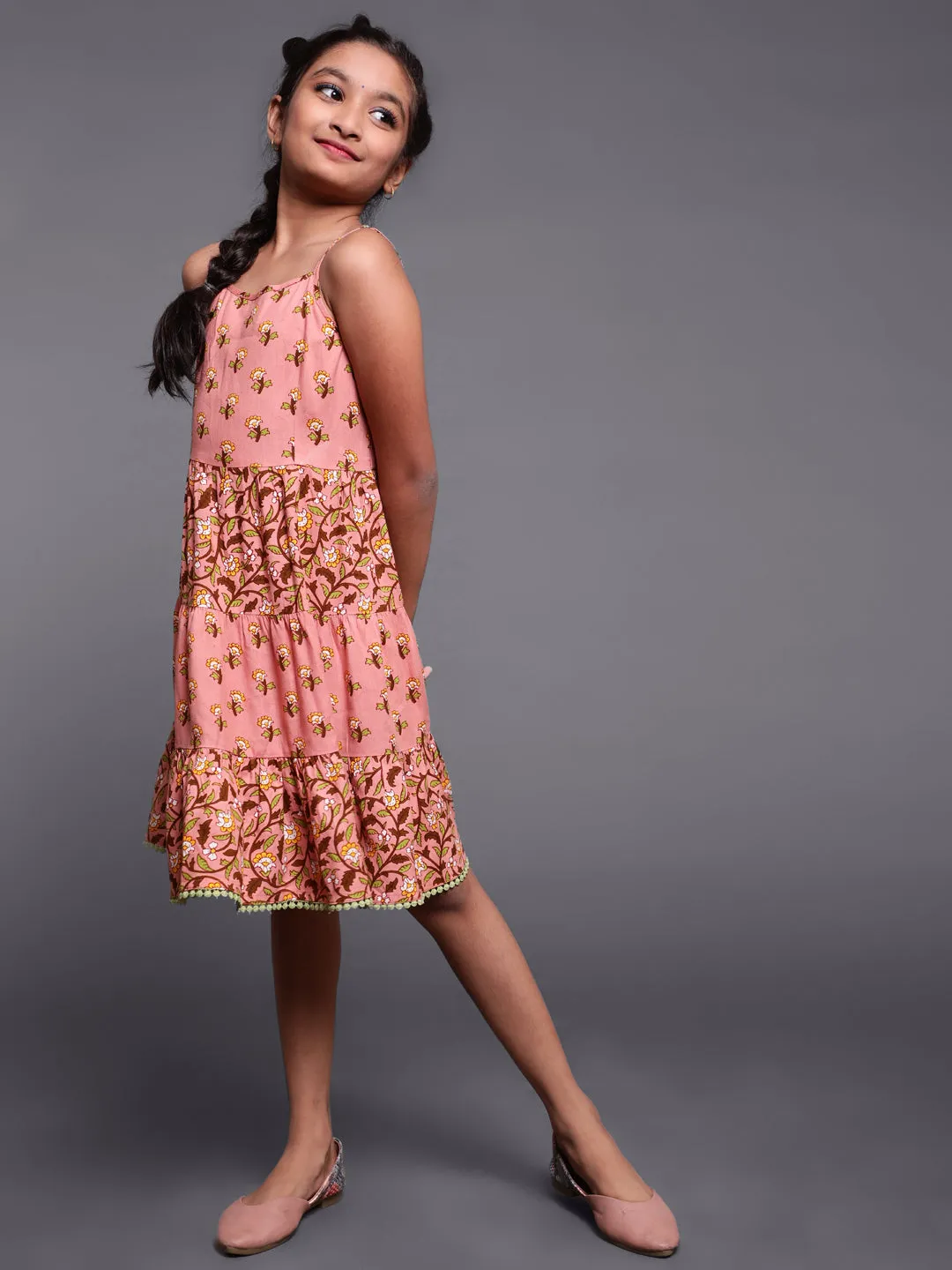 Girl's Brown Floral Printed Tirered Dress - Aks Girls