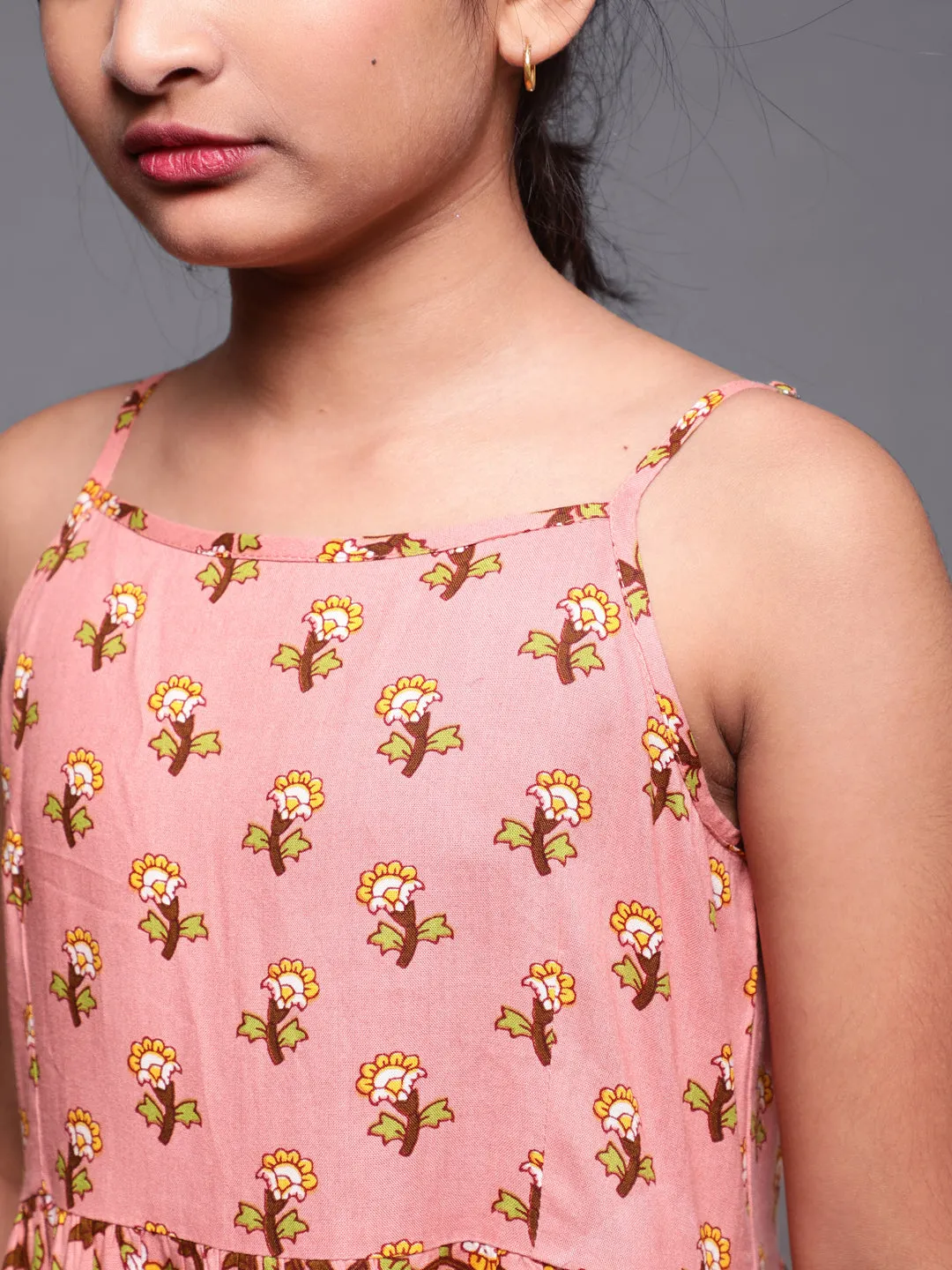 Girl's Brown Floral Printed Tirered Dress - Aks Girls