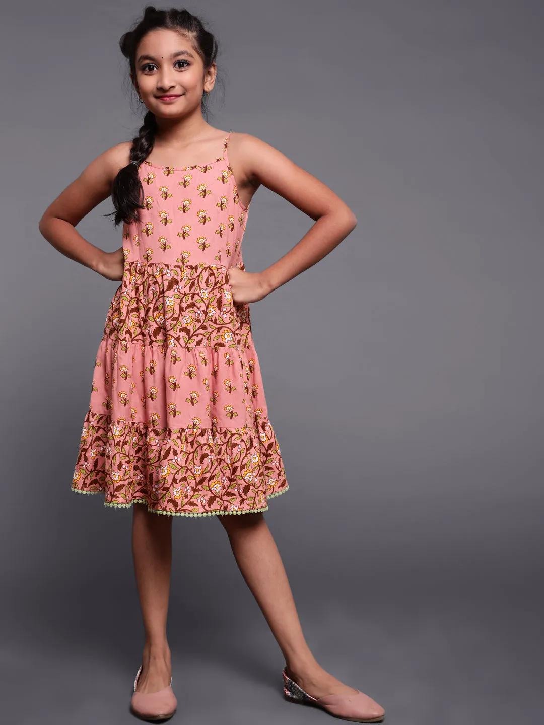 Girl's Brown Floral Printed Tirered Dress - Aks Girls