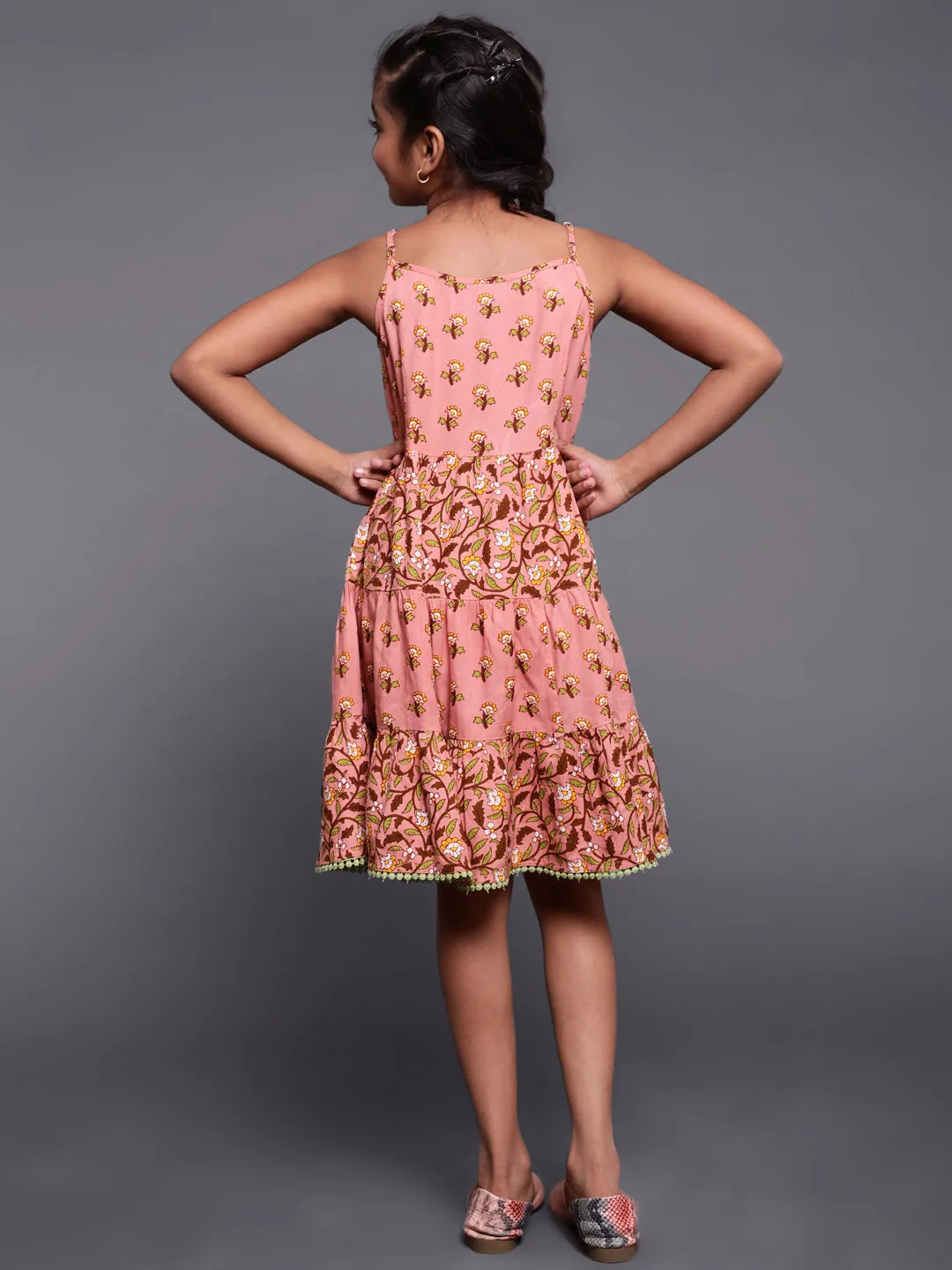 Girl's Brown Floral Printed Tirered Dress - Aks Girls
