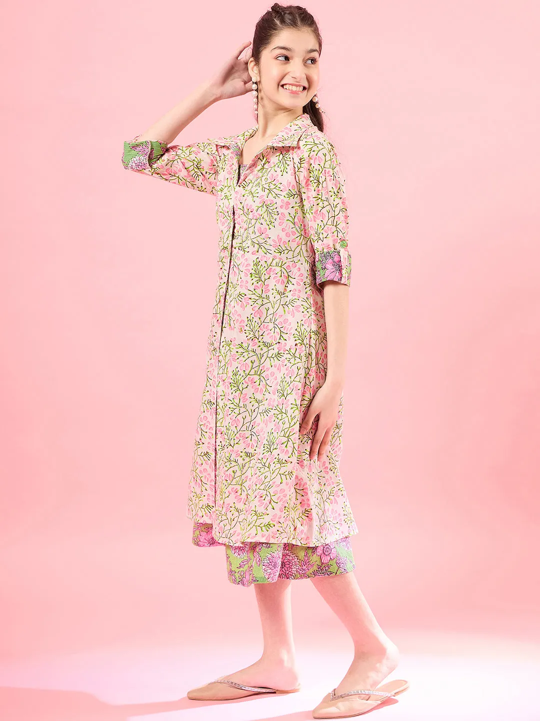 Girls Floral Print Square Neck Shoulder Straps Cotton A-Line Midi Dress - PS Peaches