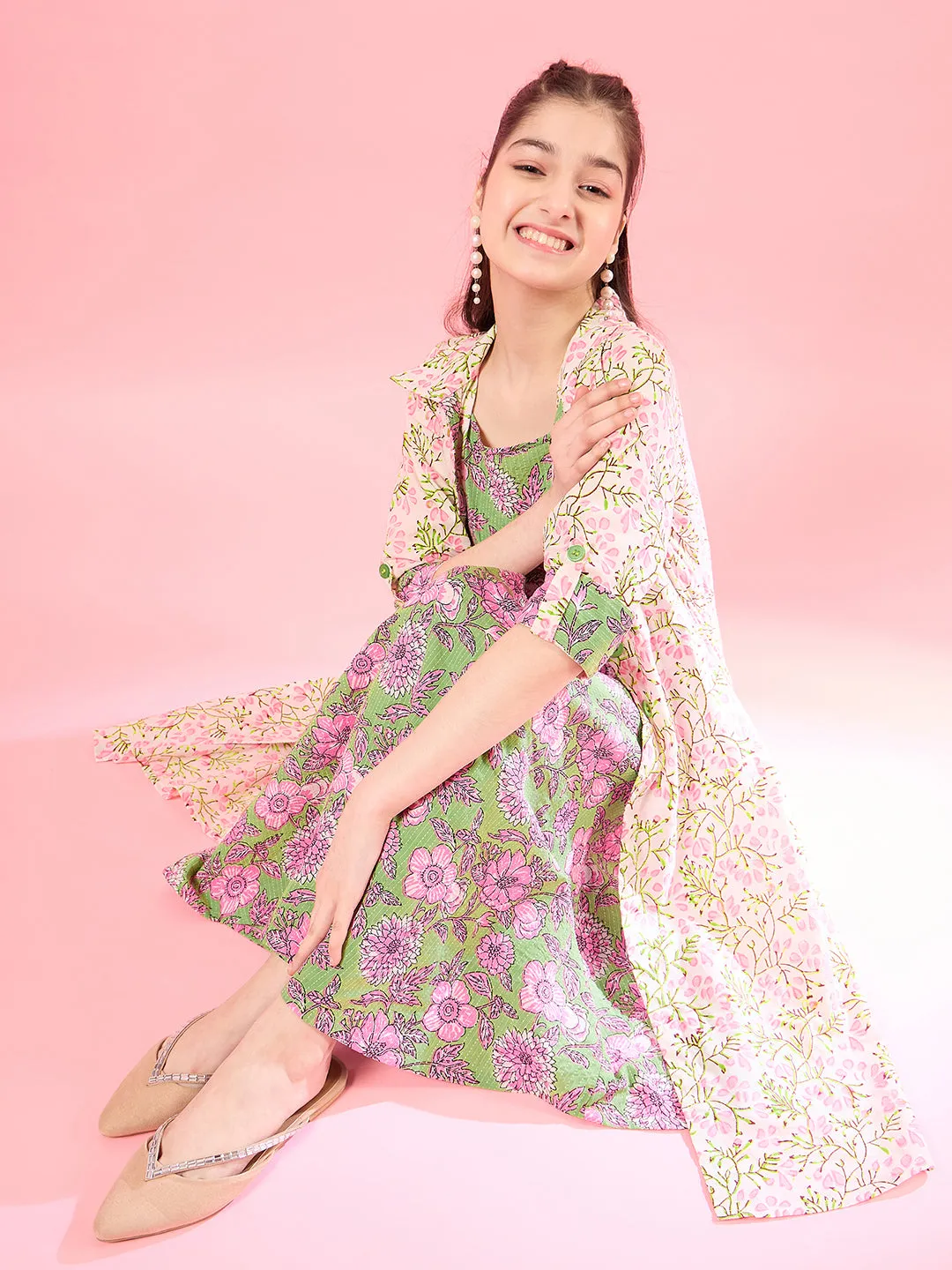 Girls Floral Print Square Neck Shoulder Straps Cotton A-Line Midi Dress - PS Peaches