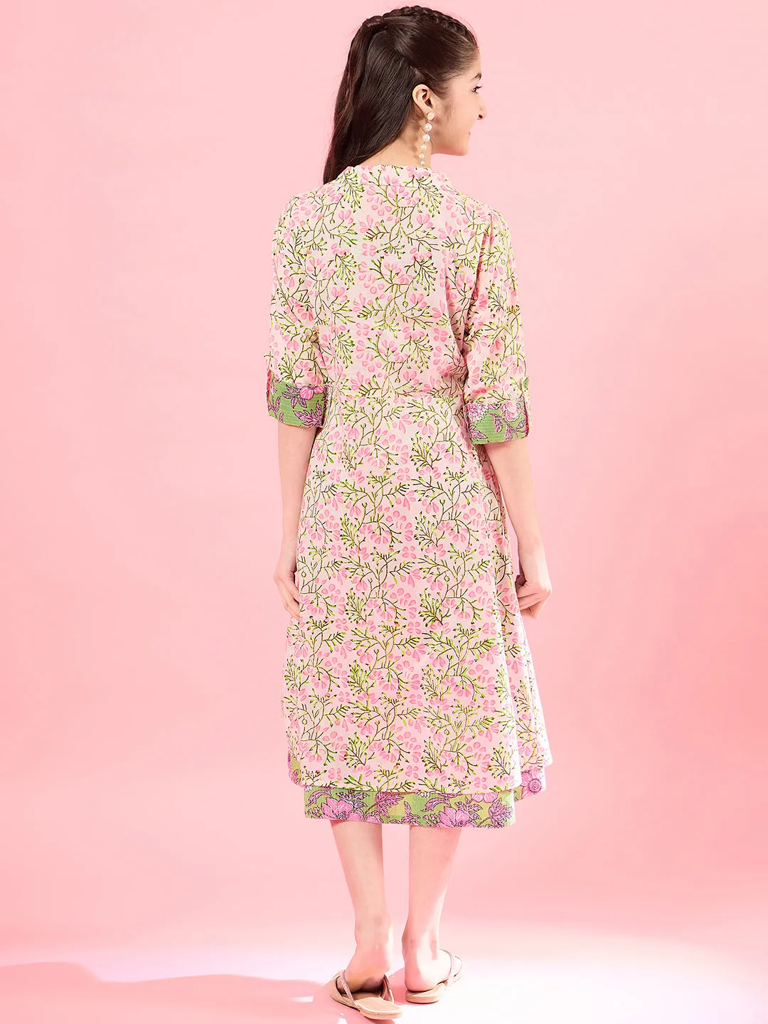Girls Floral Print Square Neck Shoulder Straps Cotton A-Line Midi Dress - PS Peaches