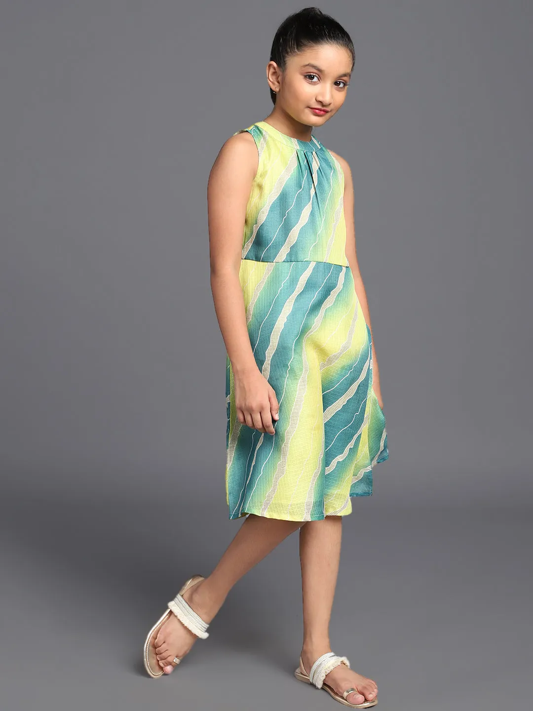 Girl's Green & Yellow Leheriya Printed Dress - Aks Girls