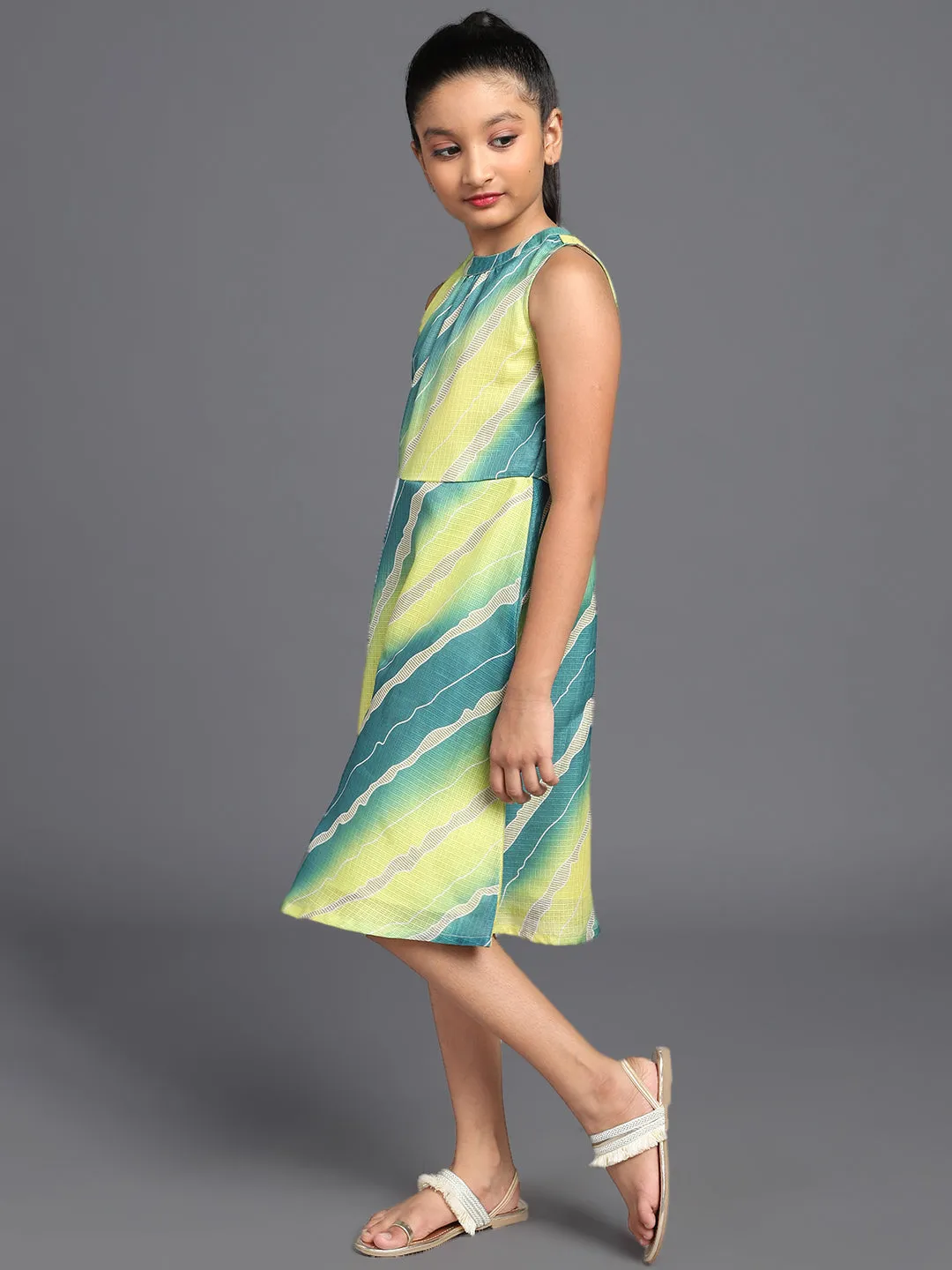 Girl's Green & Yellow Leheriya Printed Dress - Aks Girls