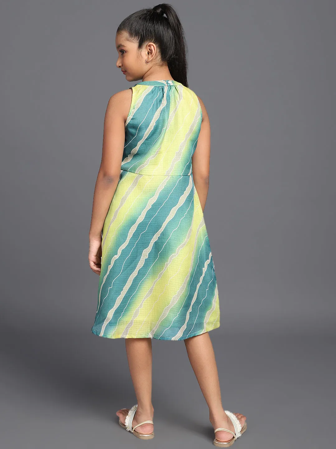 Girl's Green & Yellow Leheriya Printed Dress - Aks Girls