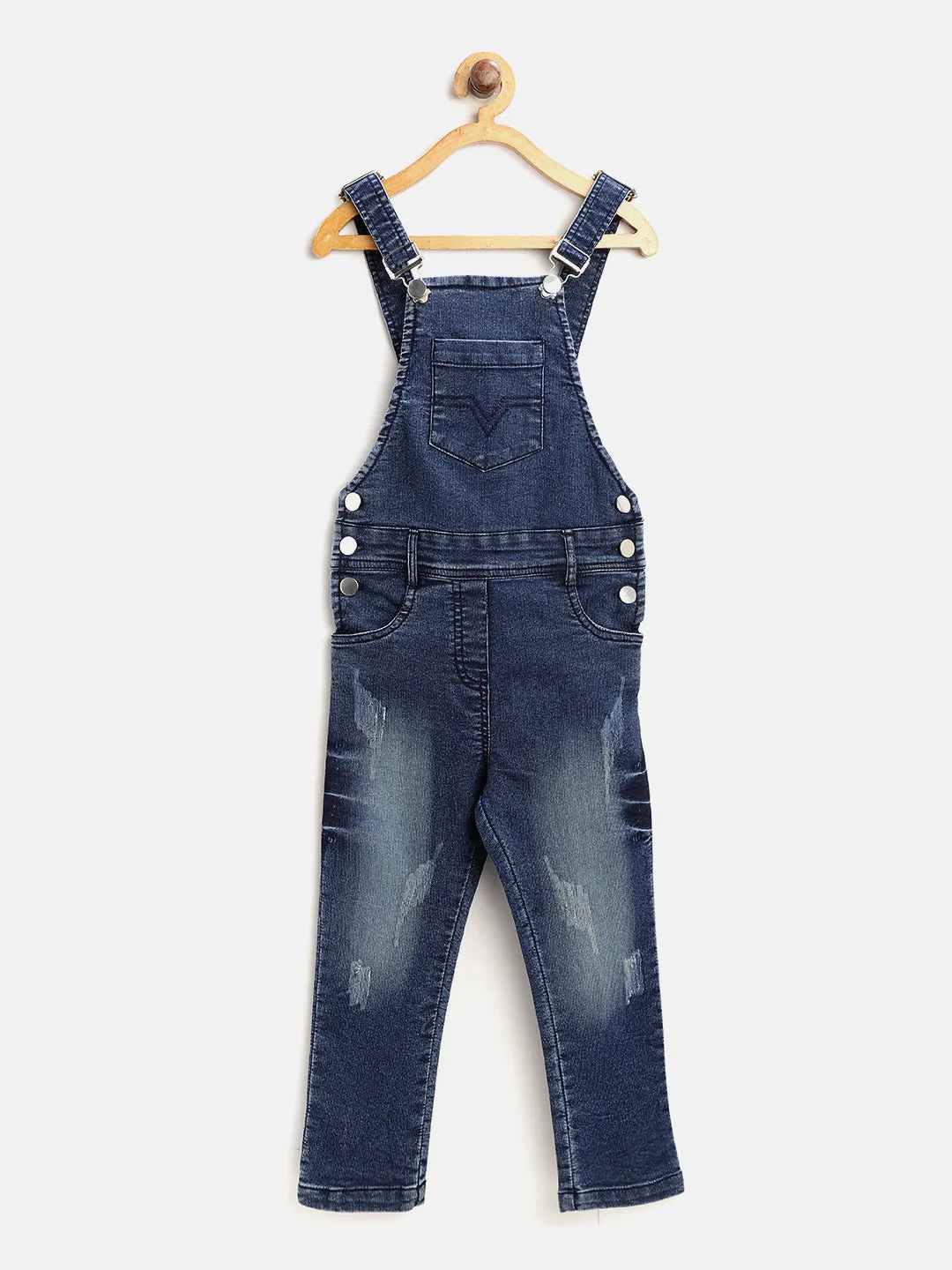 Girl's Lycra Denim Distressed Dungaree - StyleStone Kid