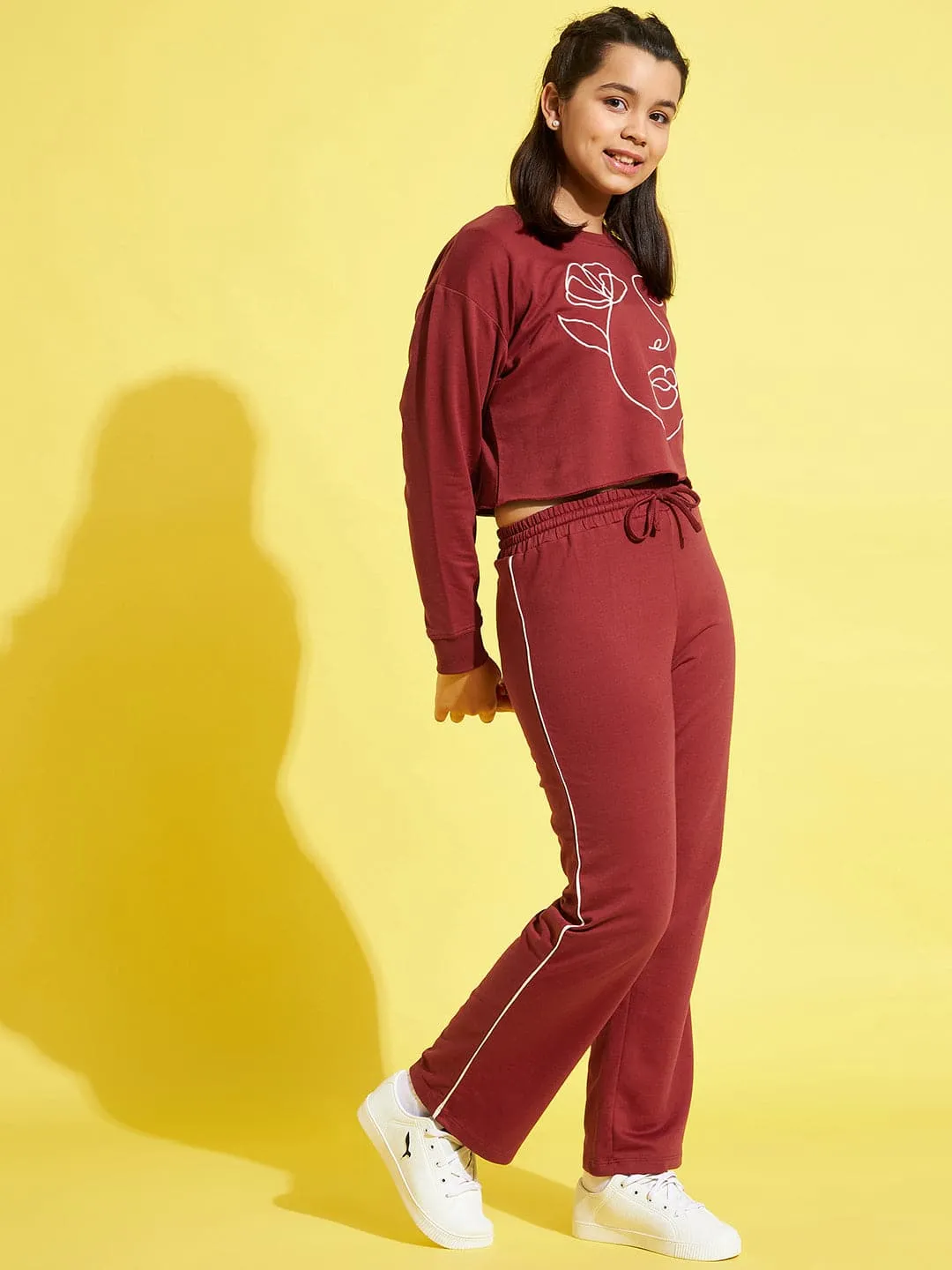 Girls Rust Face Embroidery Sweatshirt With Track Pants - Lyush Kids