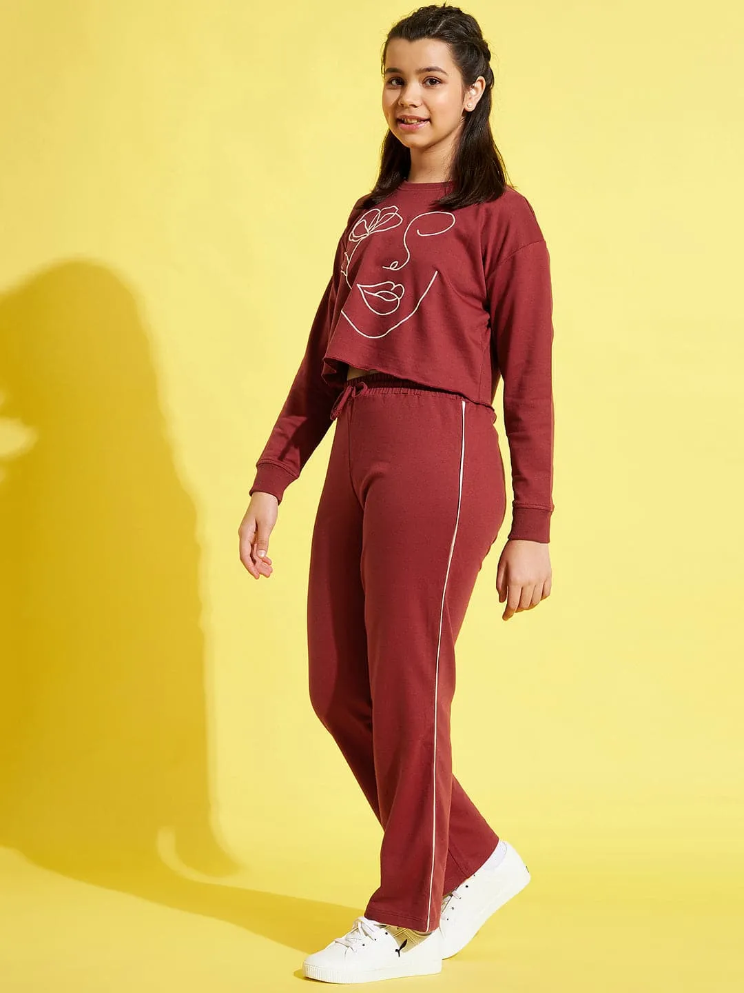 Girls Rust Face Embroidery Sweatshirt With Track Pants - Lyush Kids