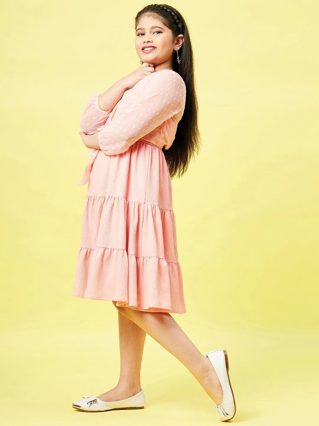 Girl's Solid Dress Peach - StyloBug KIDS