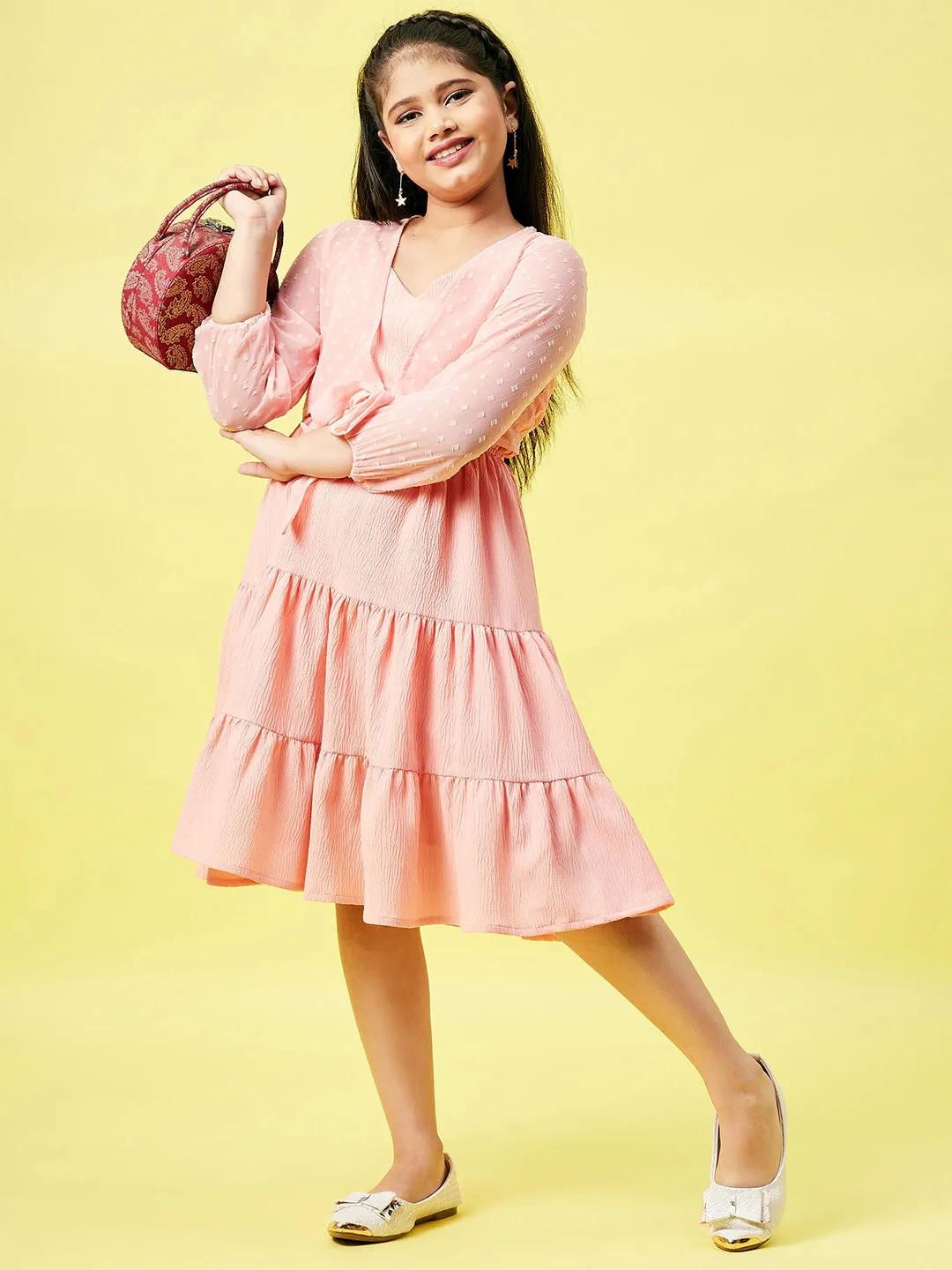 Girl's Solid Dress Peach - StyloBug KIDS